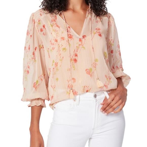 Paige Indira Sheer Floral Blouse Top Women L Metallic Stripe Afterglow Cream Red - Picture 3 of 11